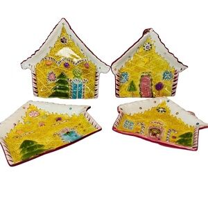 4 Laurie Gates 7.5" Gingerbread House Dessert Plate Colorful Red Holiday